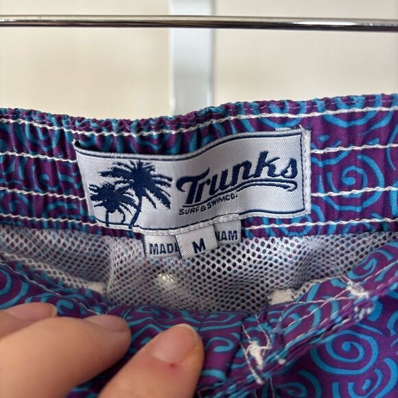 TRUNKS Men's Blue Swim Shorts size medium Velcro fly spiral print - Picture 2 of 8